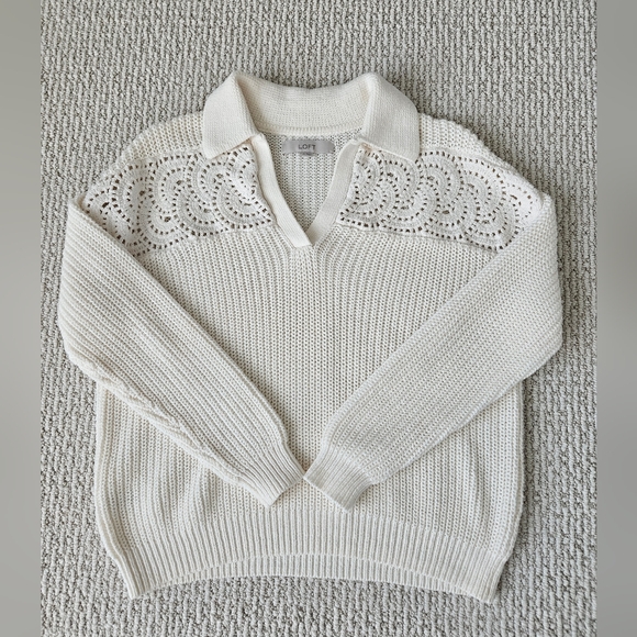 LOFT Cream V-Neck Sweater with Lace Accents - Picture 1 of 9